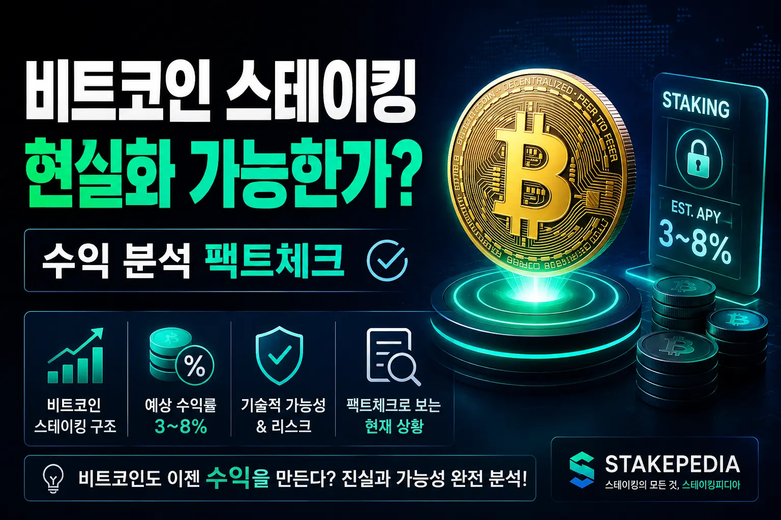 비트코인 스테이킹 현실화 가능한가? 수익 분석 팩트체크 — Stacks 백서가 공개한 비트코인 스테이킹 현실화 모델을 팩트 기준으로 분해합니다. STX-BTC 페어링 구조, 3% BTC APY 수익 모델, 4대 리스크까지 점검해 진짜 가능한지 판단합니다.